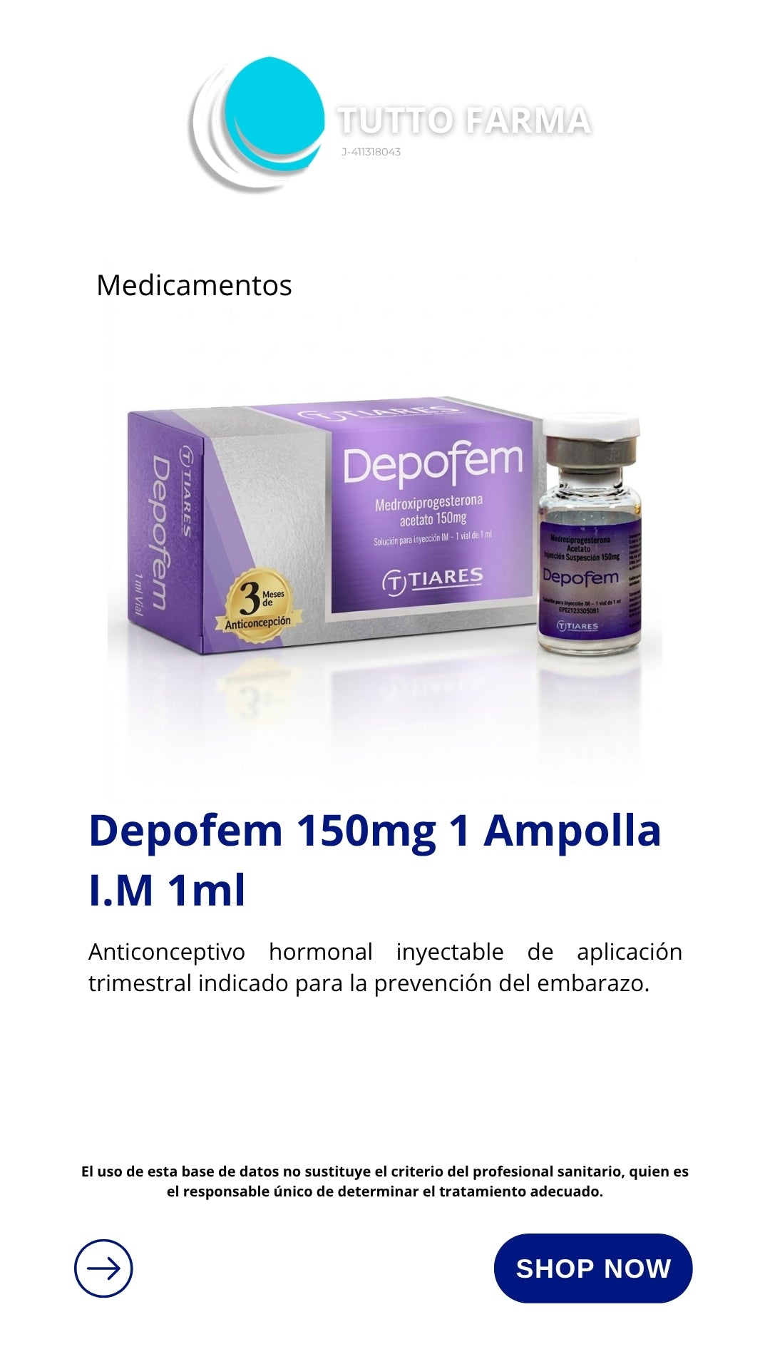 DEPOFEN ANTICONCEPTIVO INYECTABLE 150MG/1MLX 1 AMP TIARES