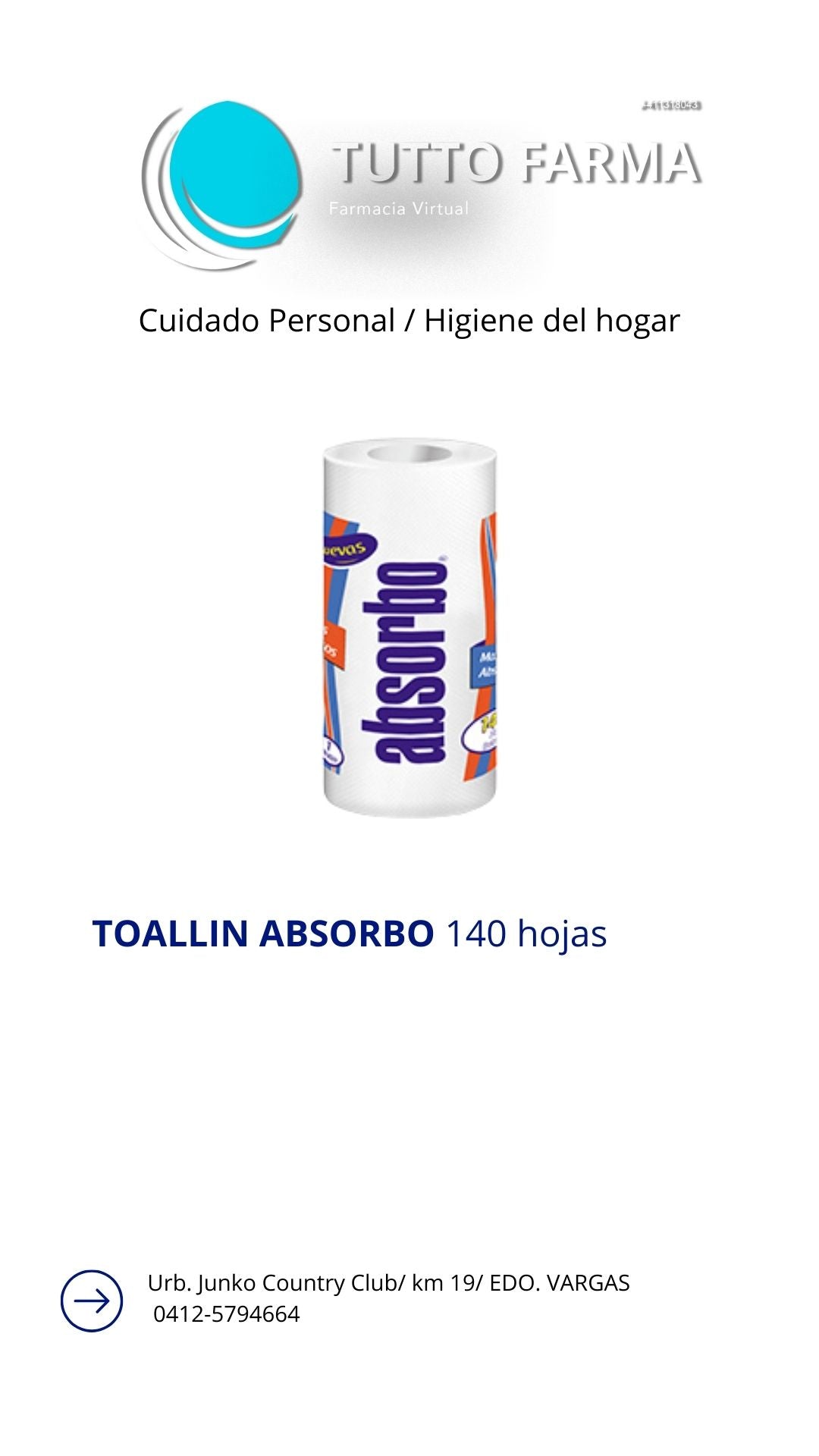 ABSORBO TOALLA DE PAPEL 140 HOJAS X 1 ROLLO