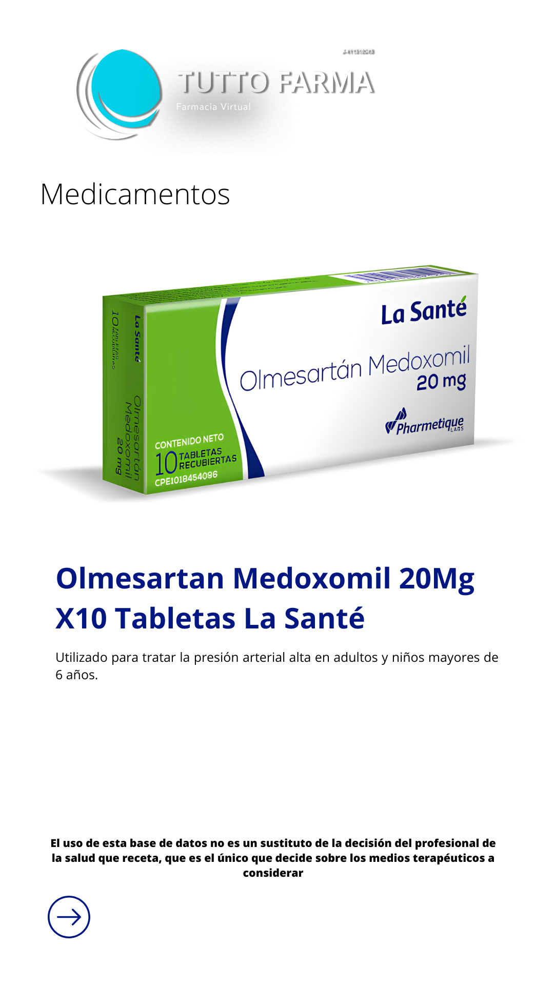 OLMESARTAN 20 MG X 10 TABLETAS LA SANTE