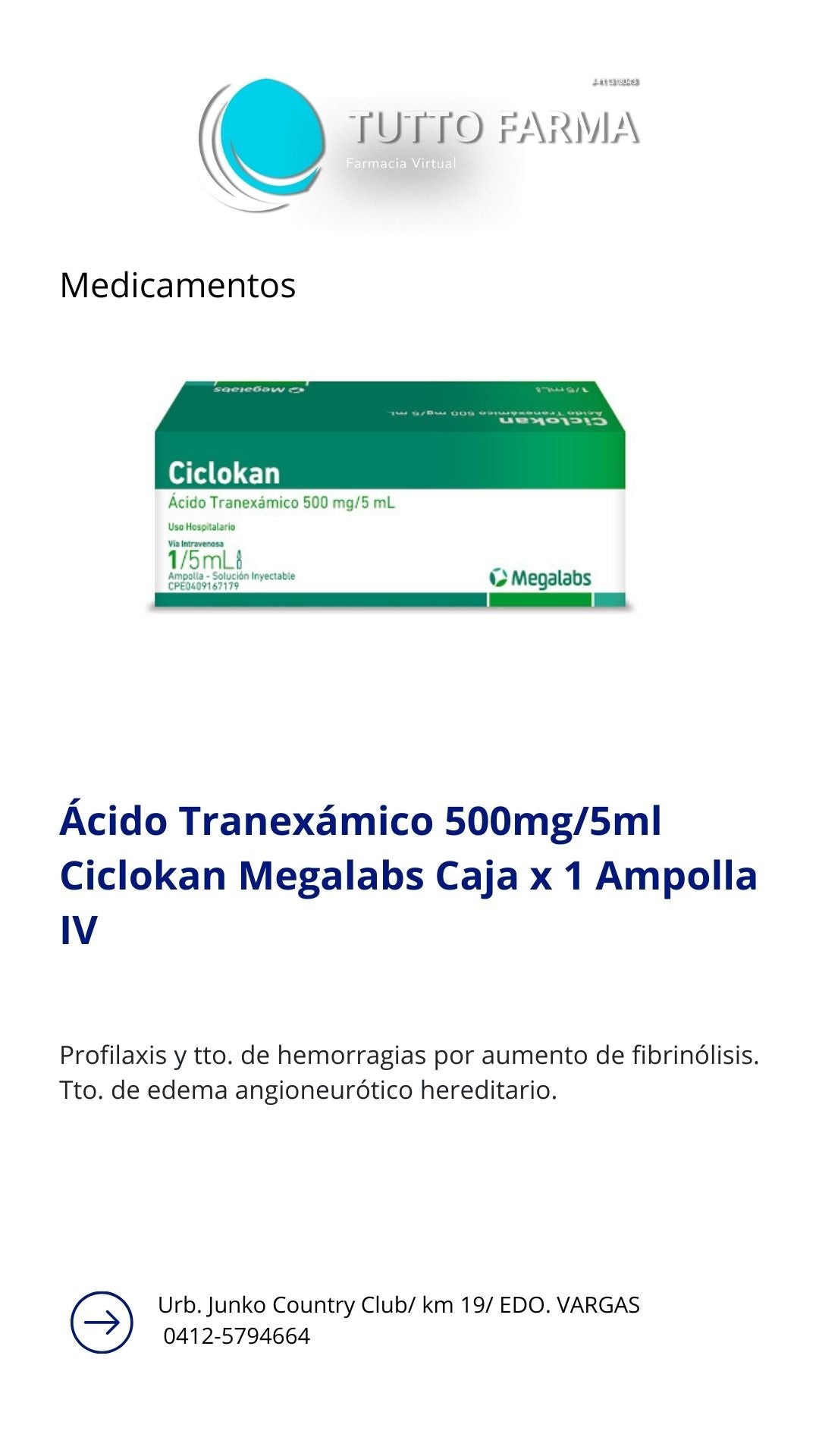 ÁCIDO TRANEXÁMICO CICLOKAN 500MG/ 5ML X 1AMPL (E)