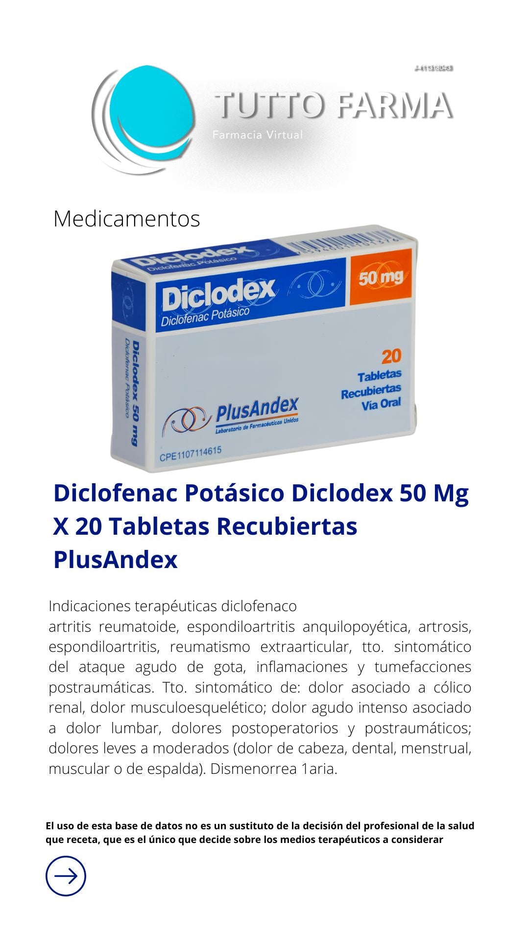 DICLODEX DICLOFENAC POTÁSICO 50 MG X 20 TABLETAS