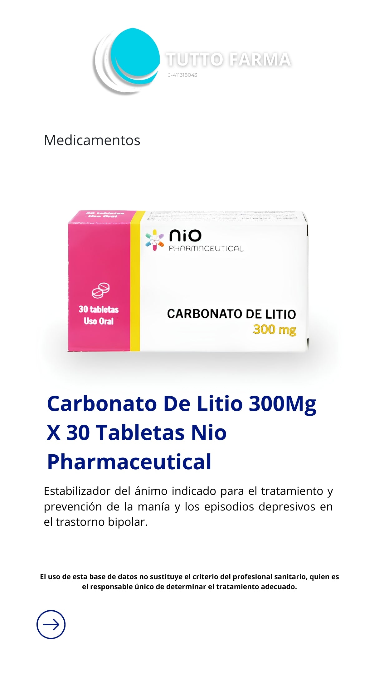 CARBONATO DE LITIO 300MG X 30 TAB(NIO PHARM.)