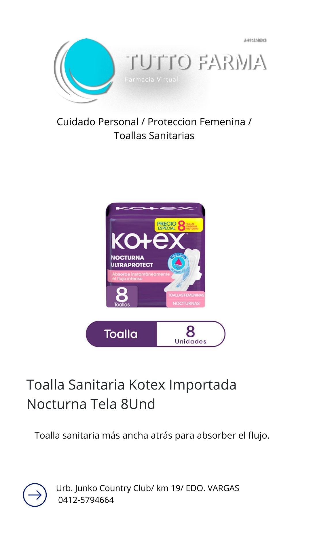 TOALLAS KOTEX NOCTURNA X 8 UNID.